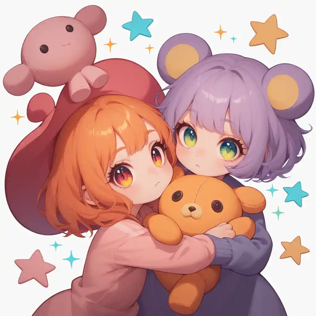 Cute pastel stuffed animals with big sparkling eyes