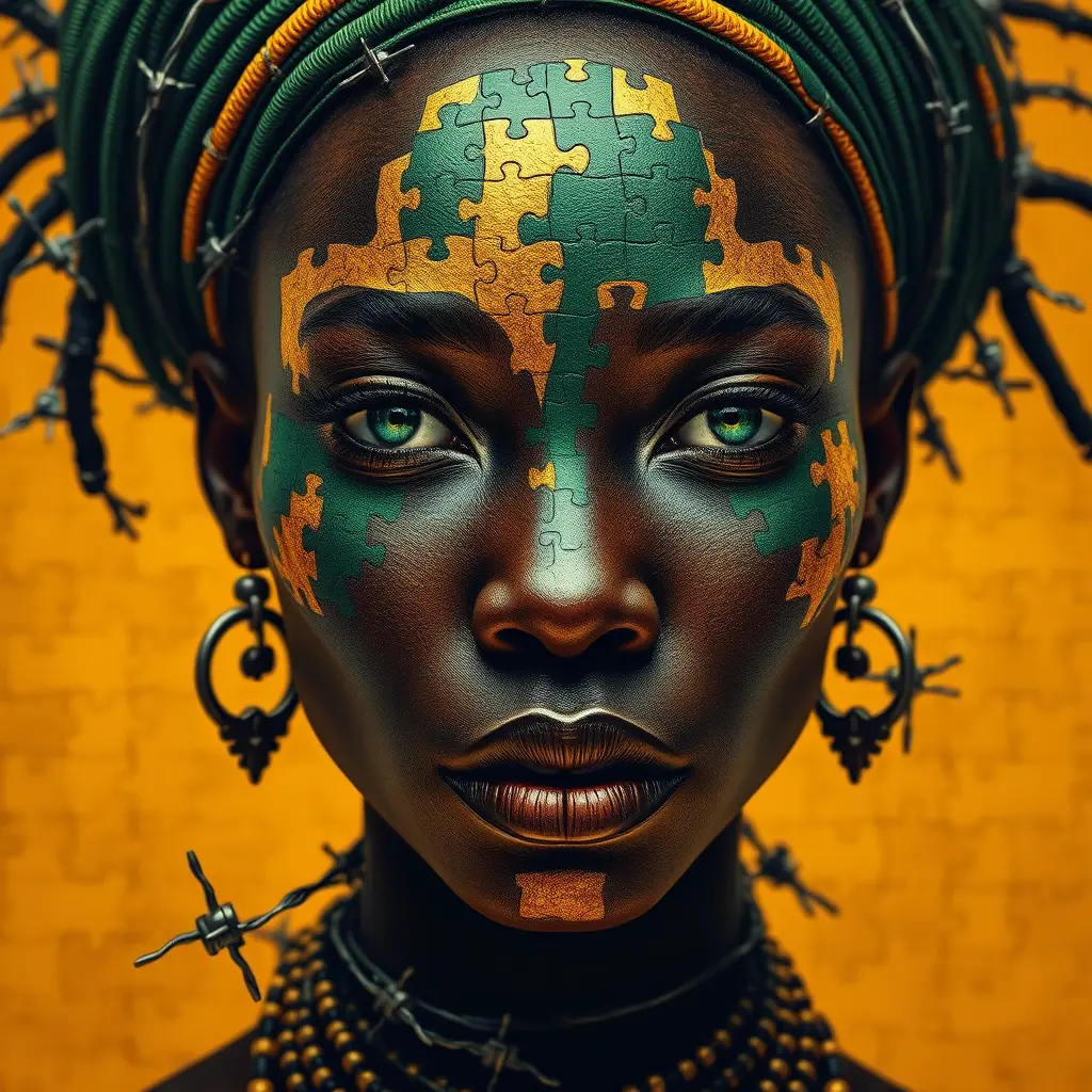 Surreal Bantu woman portrait formed from puzzle pieces