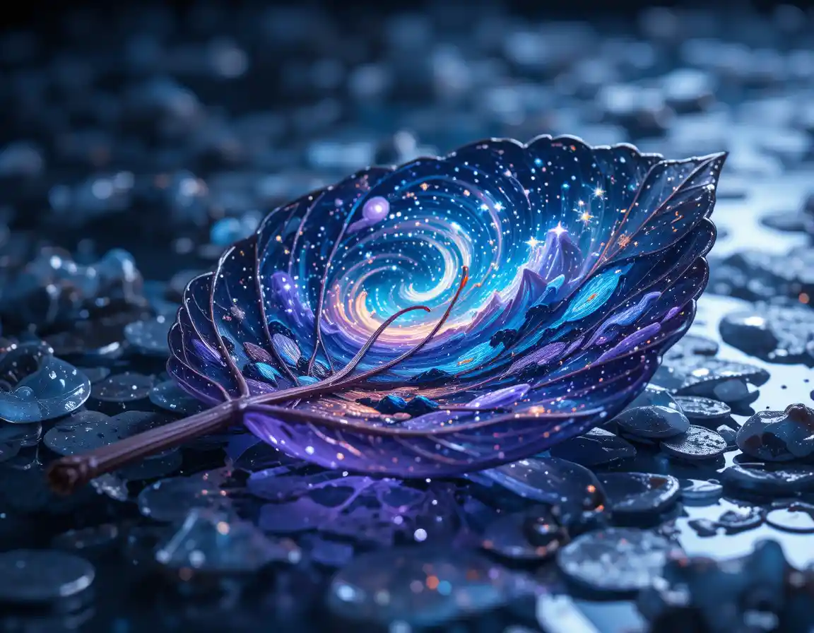 Close up glass leaf with galaxy and cloud landscape