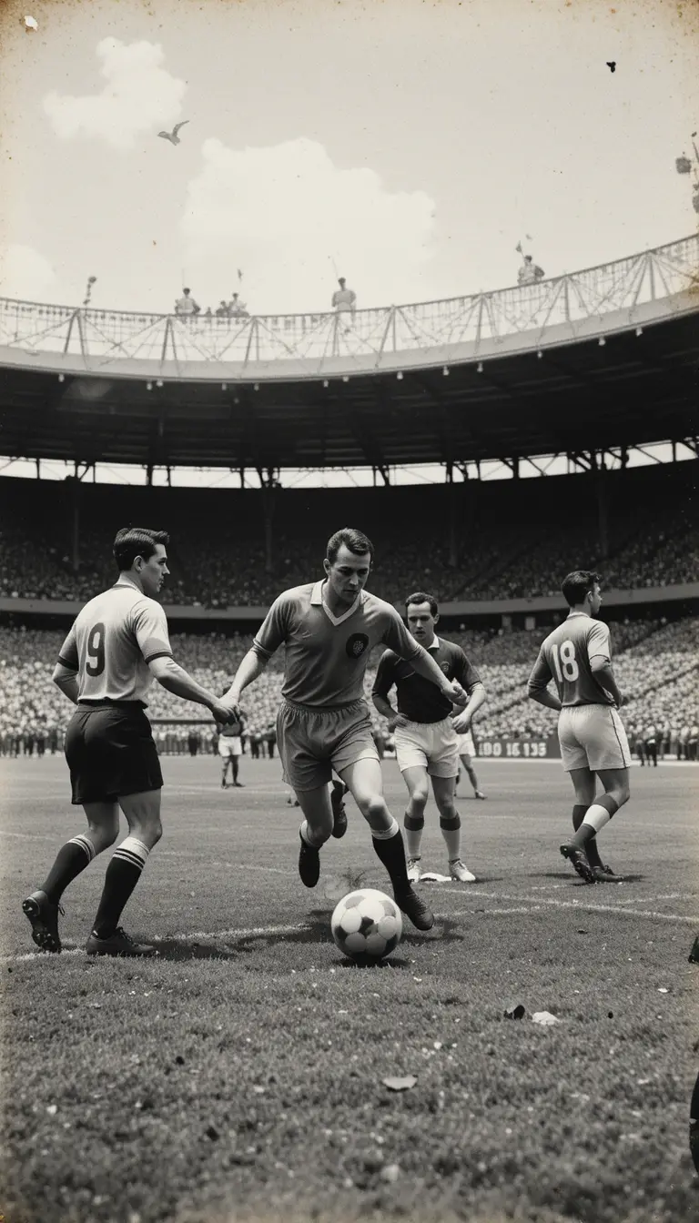 Vintage 1930s soccer match in a modest stadium