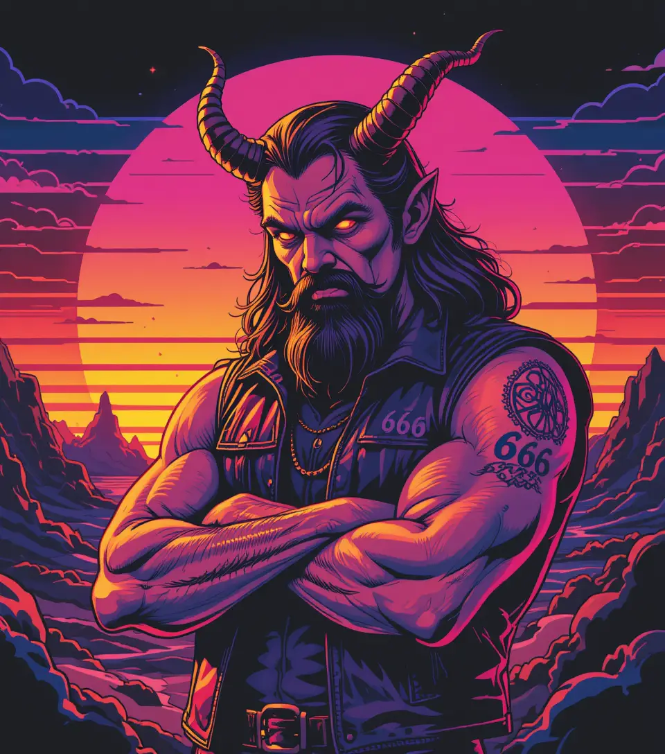 Retro demon illustration with neon synthwave sunset background