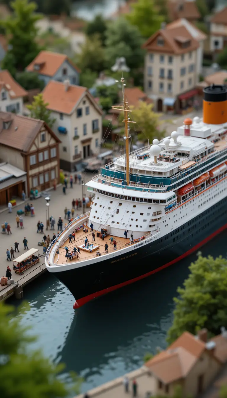 Tilt shift view of a miniature cruise ship in a tiny port