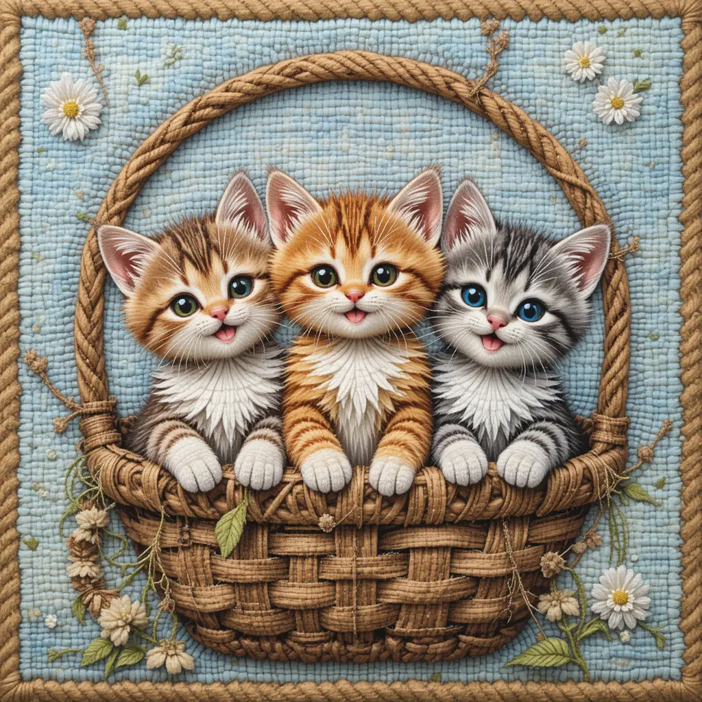 Smiling collage kittens nestled together in a cozy basket