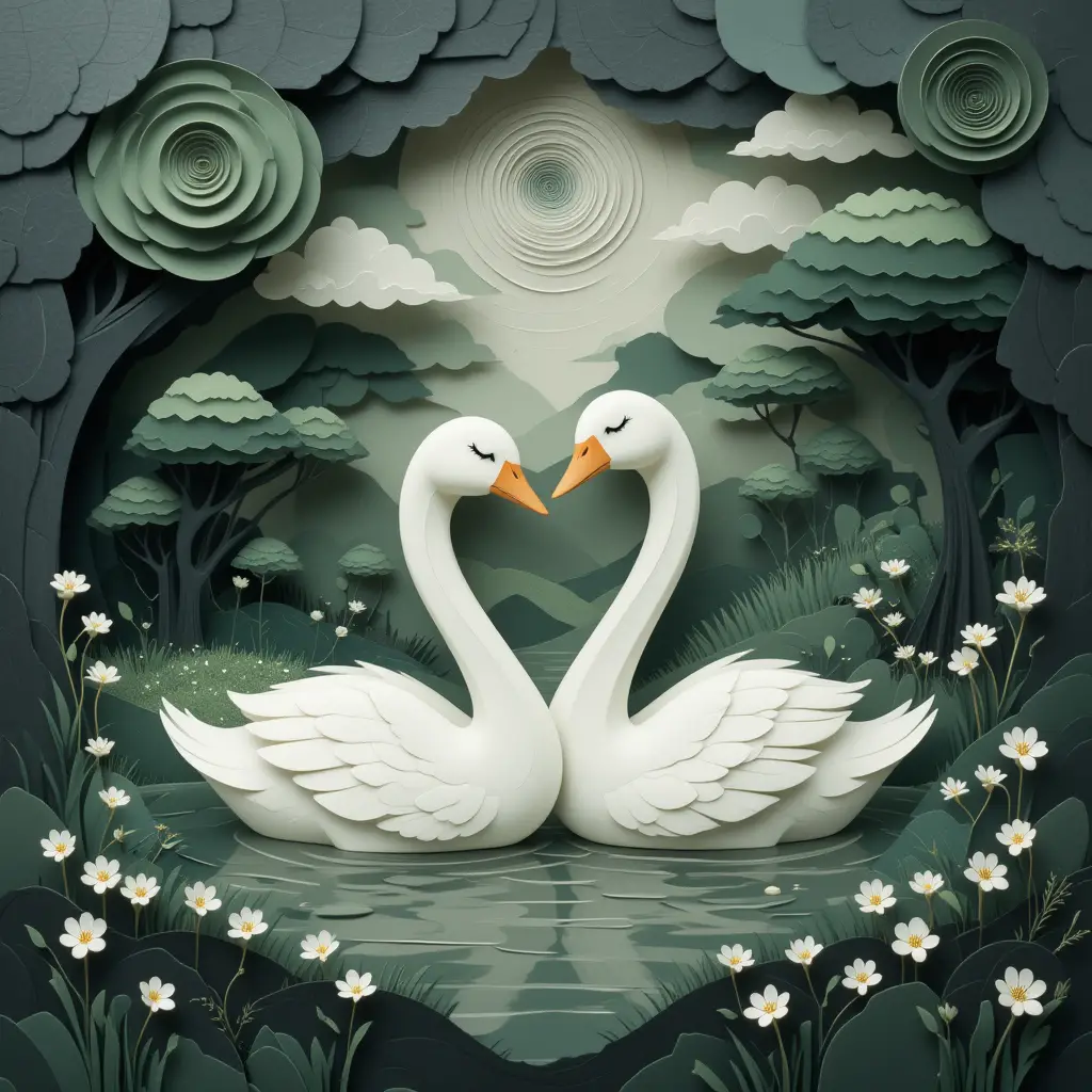 Peaceful 3D swans floating on a dreamy forest lake