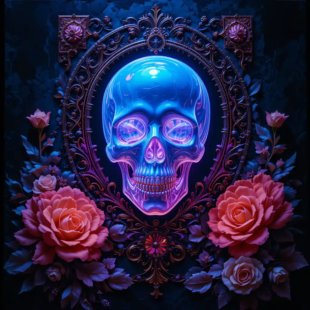 Crystal skull enamel painting with luminous blacklight glow