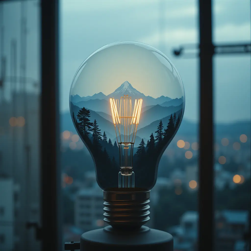 Vintage lightbulb glowing with surreal city landscape