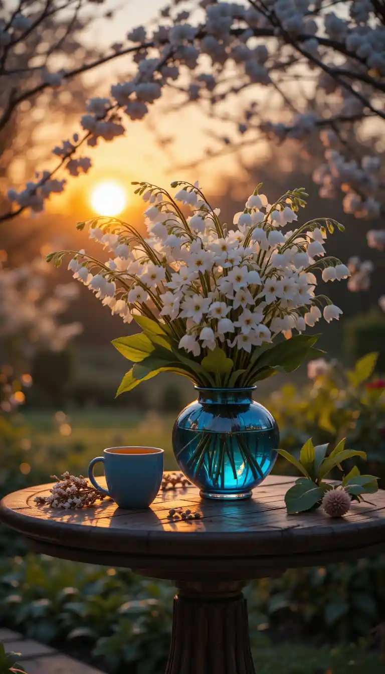 White lily bouquet in blue vase on garden table