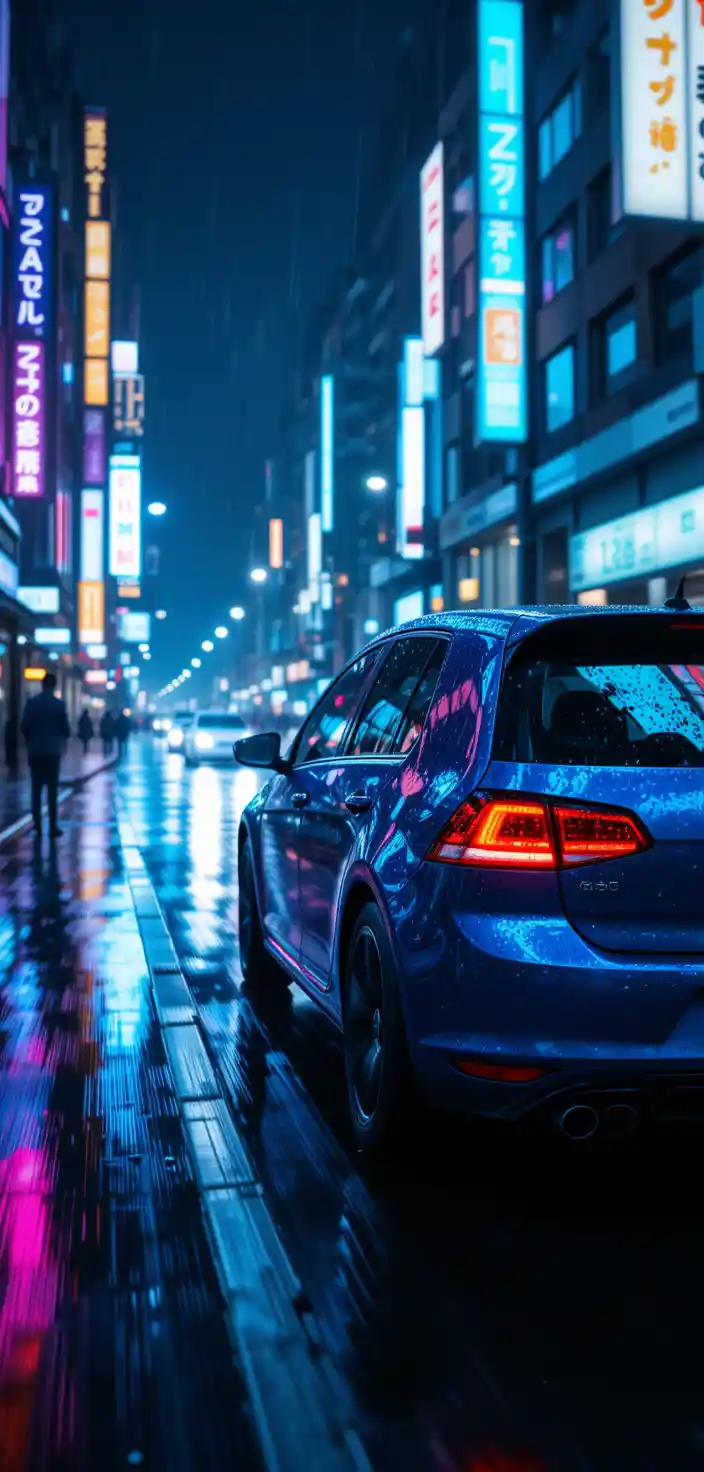 Blue car driving on wet neon lit city streets at night