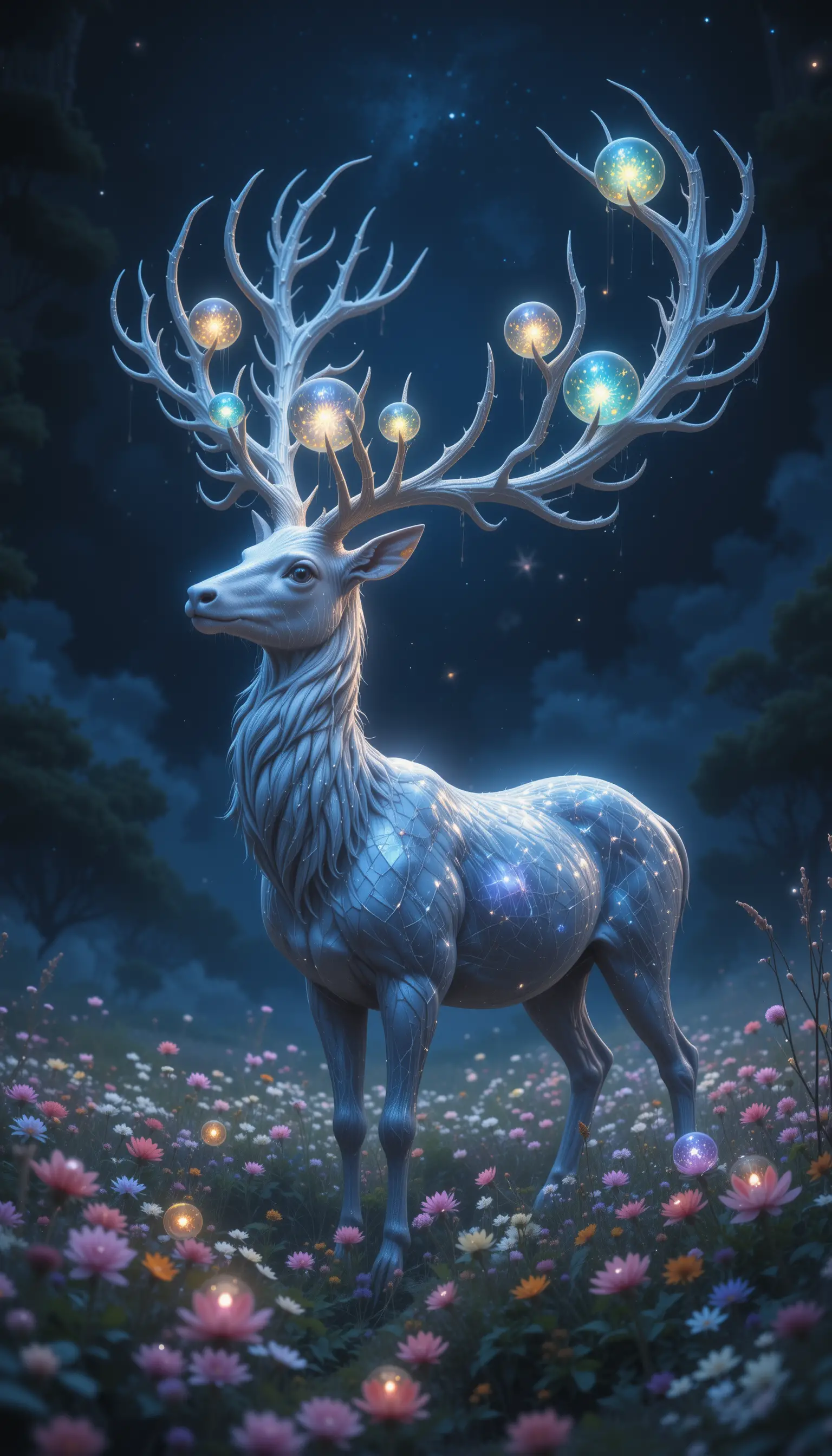 Majestic stag with glowing antlers in mystical meadow