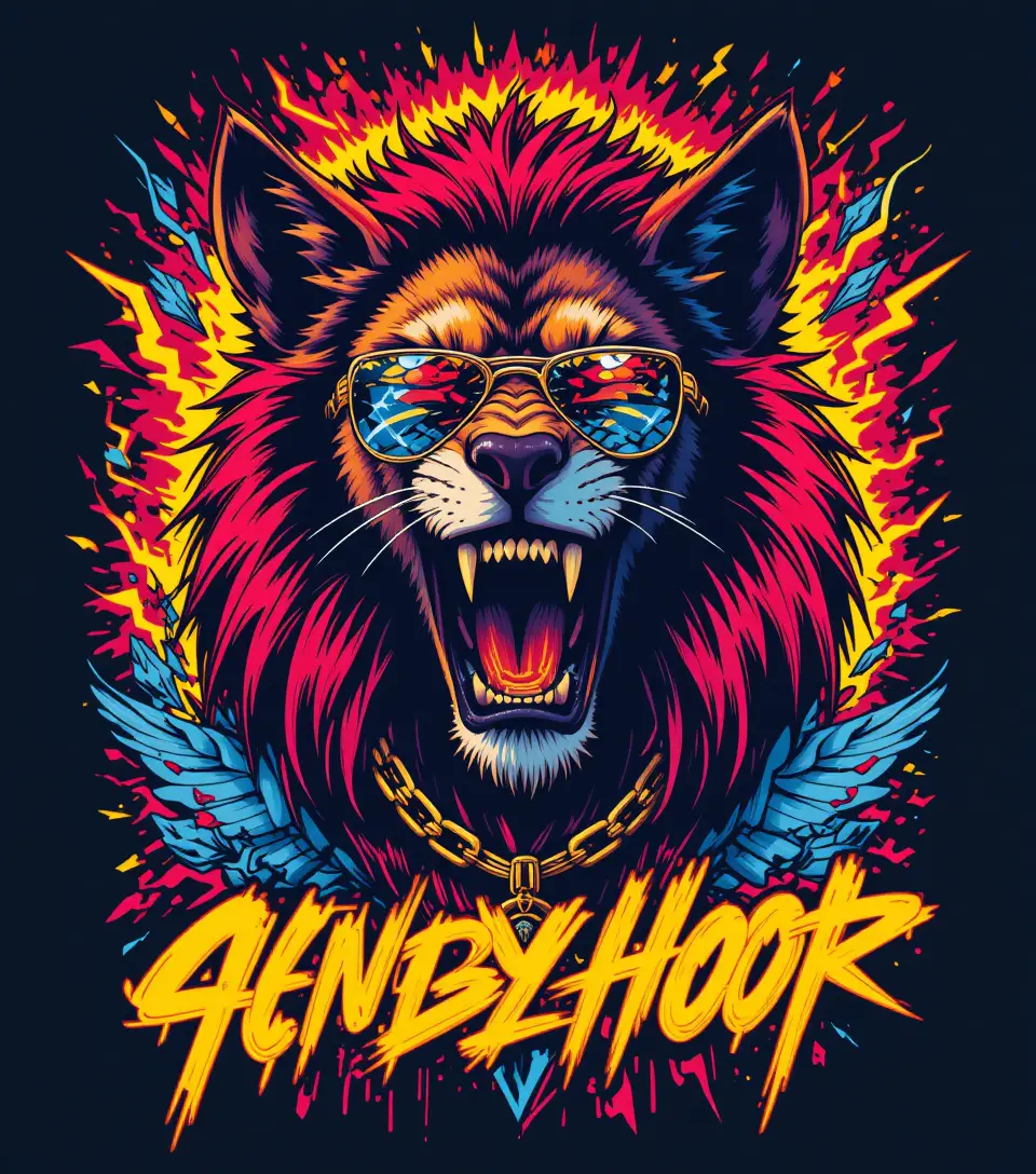 Hip hop animal with gold chain in neon graffiti art