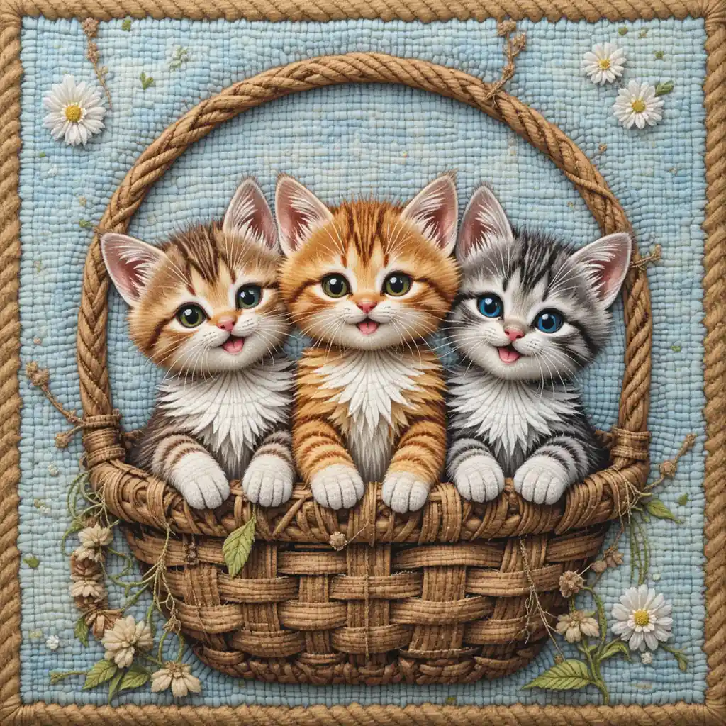 Smiling collage kittens nestled together in a cozy basket