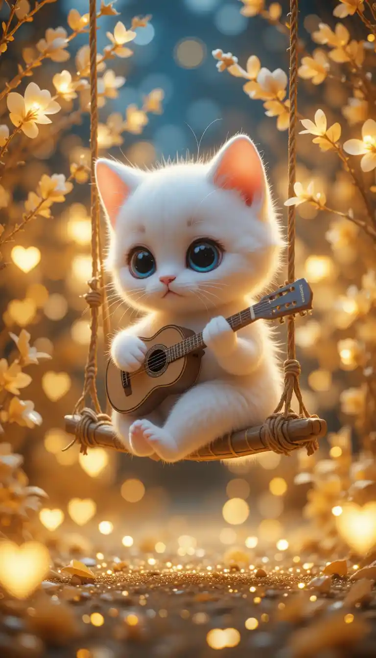 Cute white cartoon kitten playing guitar on swing at night