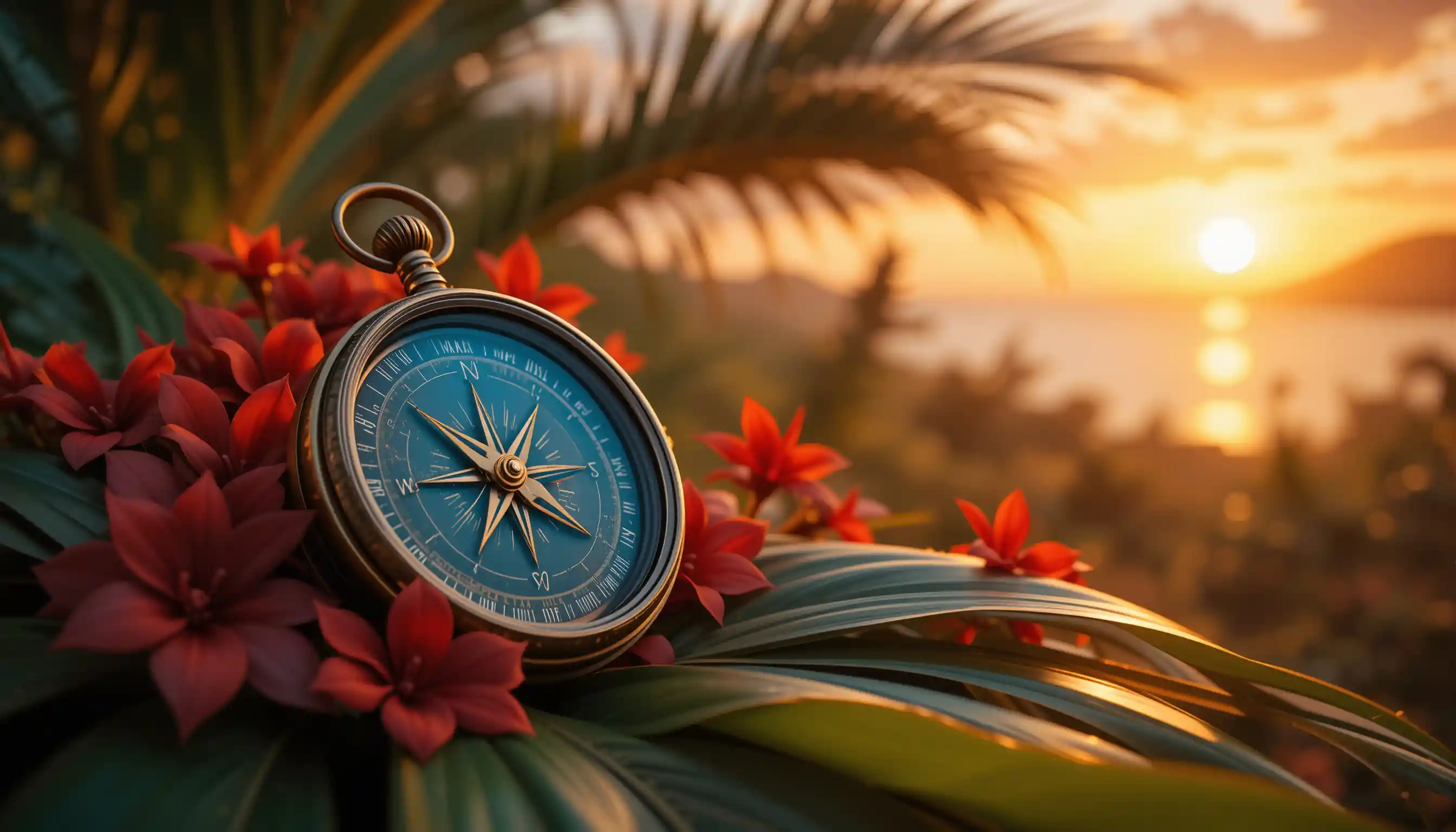 Vintage compass resting on tropical leaves at sunset