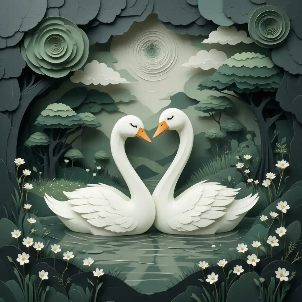 Peaceful 3D swans floating on a dreamy forest lake