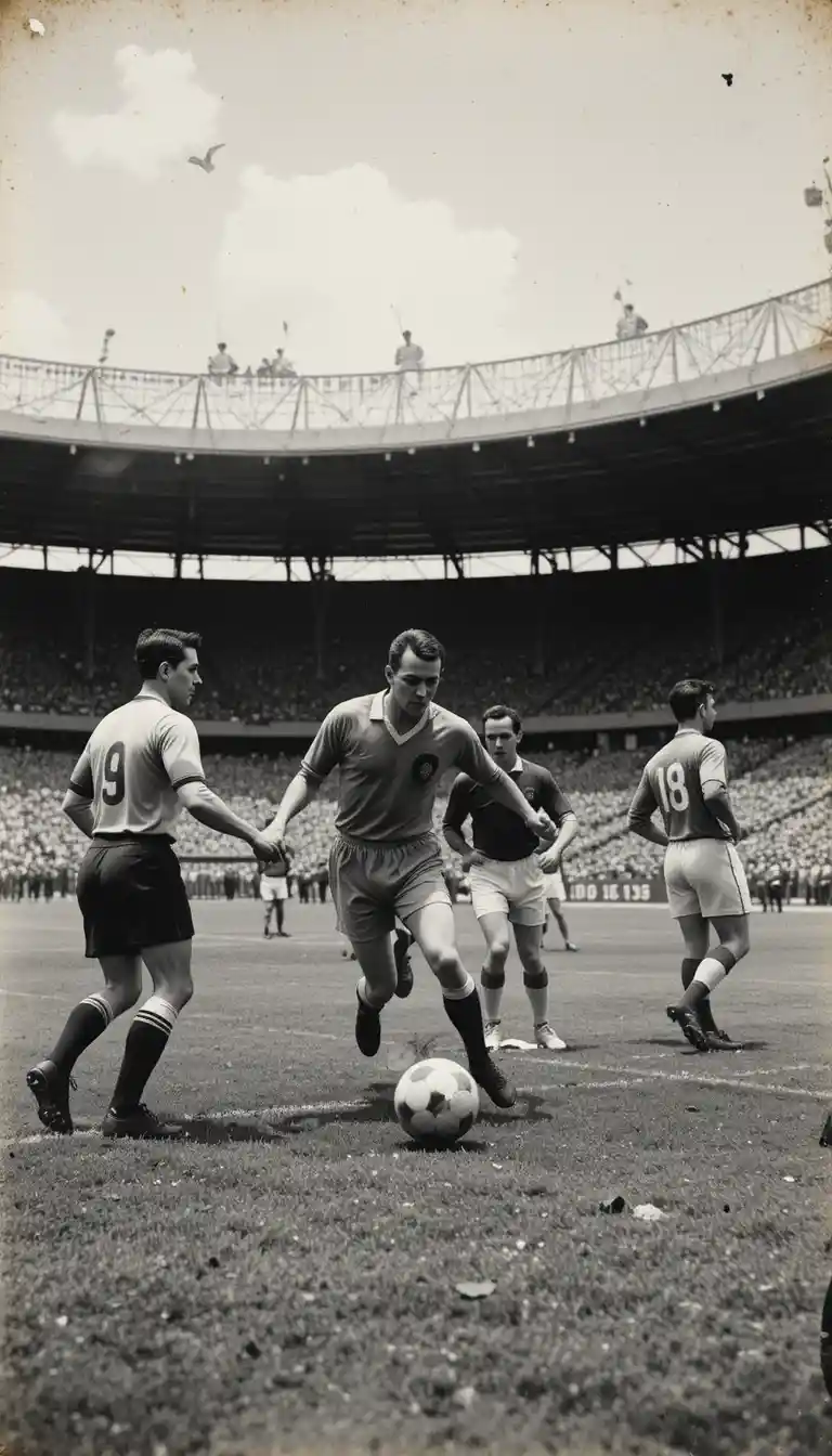 Match de football vintage des années 1930 dans un stade modeste
