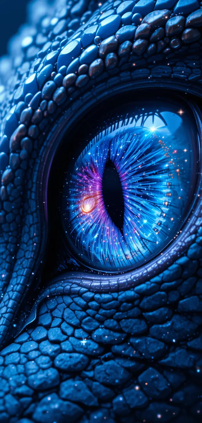 Silver wolf reflected in a blue dragon eye galaxy