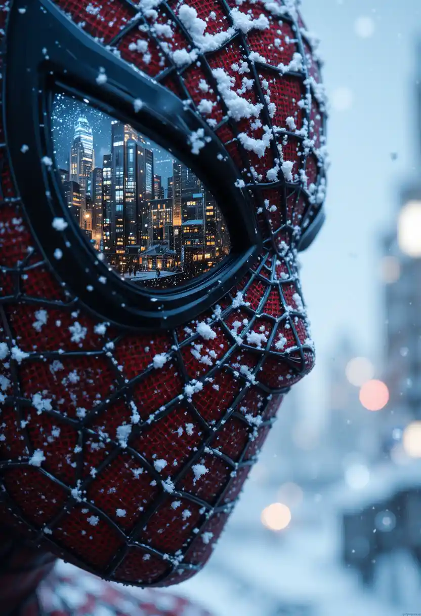 Snow covered masked hero with winter city reflection