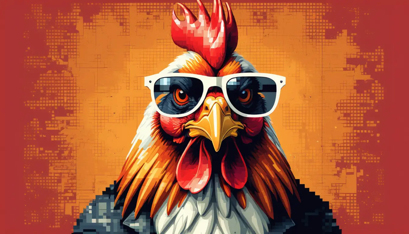 Pixel art rooster with sunglasses and bold retro text