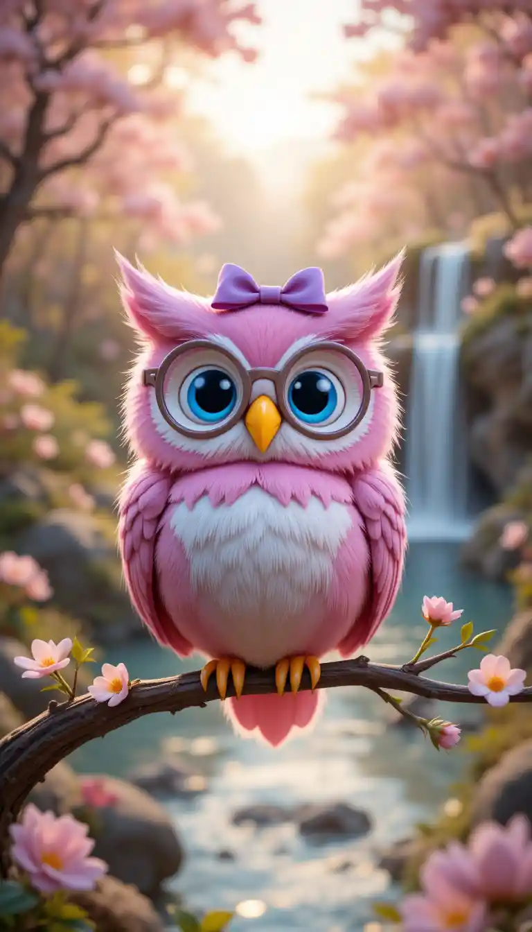Cute 3d cartoon owl on a flowering forest branch