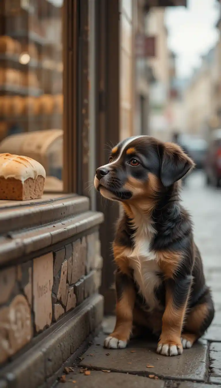 Hungry puppy waiting outside a warm city bakery window