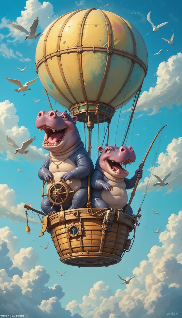 Two hippos sailing a tiny balloon through blue sky