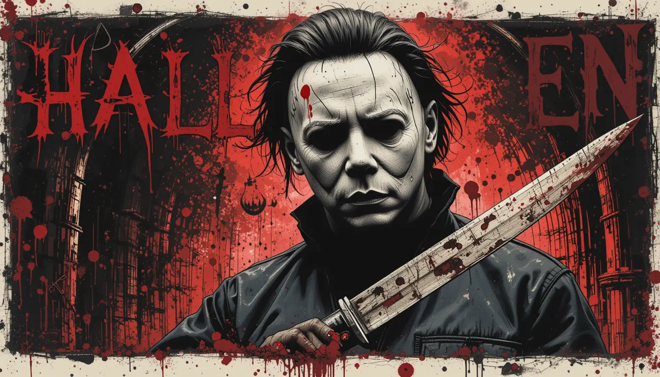 Masked killer in grunge horror poster at night
