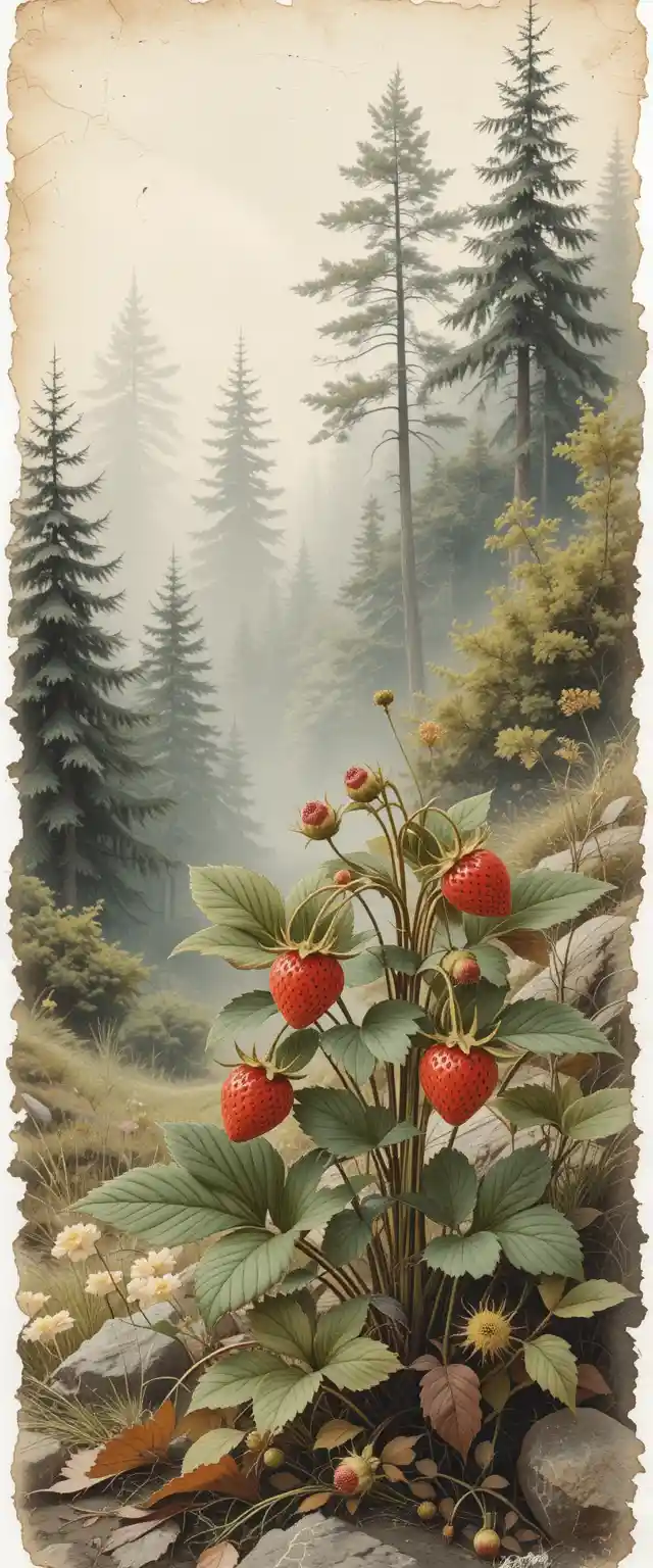 Watercolor forest strawberry plant on vintage textured paper
