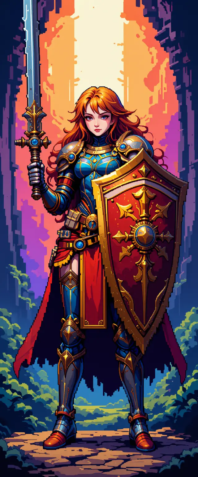 Armored fantasy guardian woman with shield in pixel art