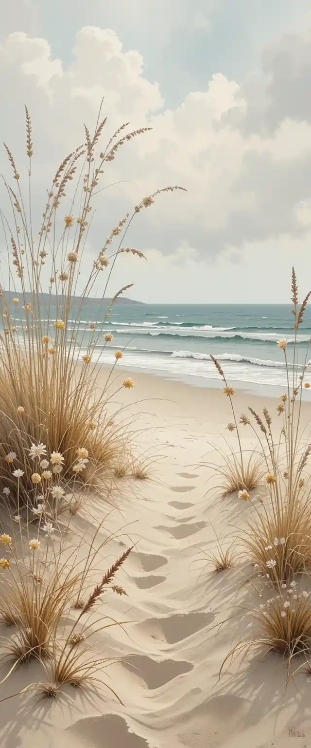 Soft watercolor beach with waves and coastal grasses