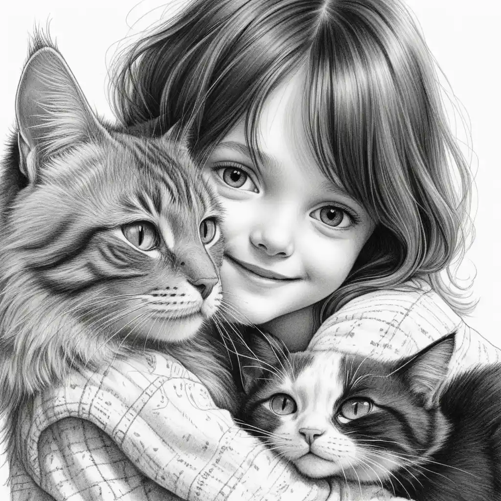 Tender pencil drawing of a girl cuddling her cat