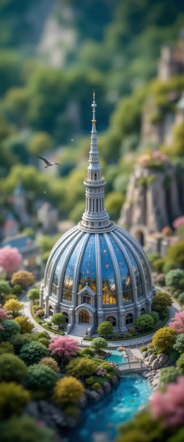 Cúpula fantástica erguendo-se sobre uma paisagem urbana detalhada