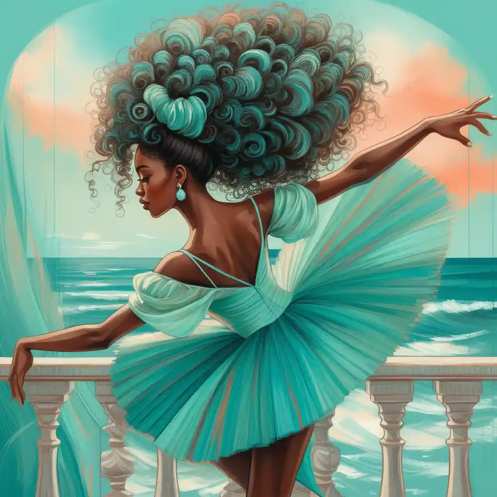 Graceful ballerina in arabesque on a seaside balcony