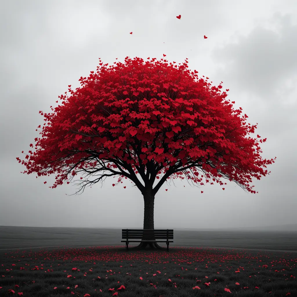 Red heart tree over bench in monochrome field