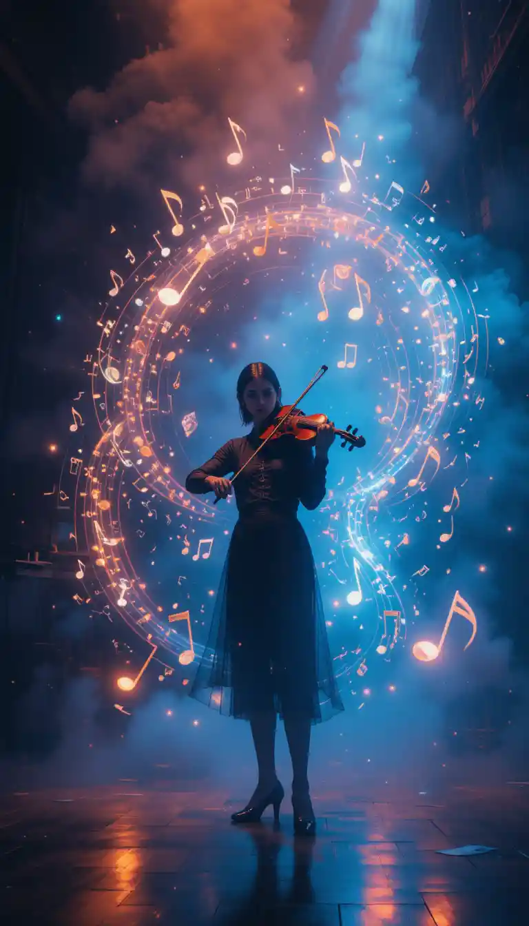 Solo violinist in dim room with glowing music notes