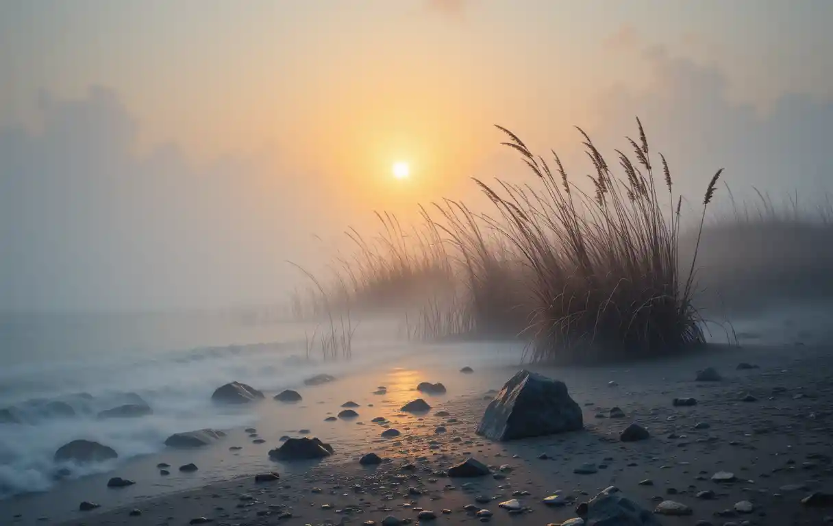 Foggy seashore at sunset with calm reflective water