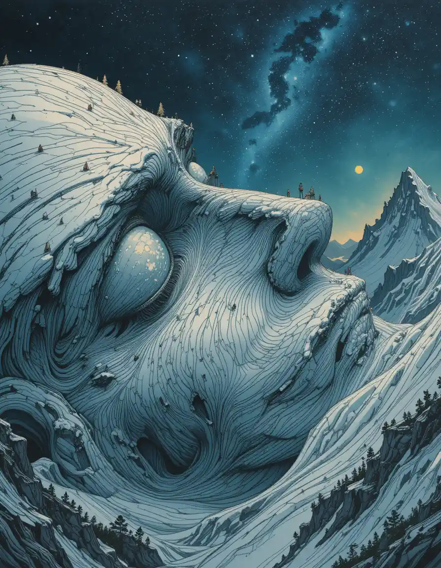 Gigante montañoso surrealista con teleféricos y lagos brillantes