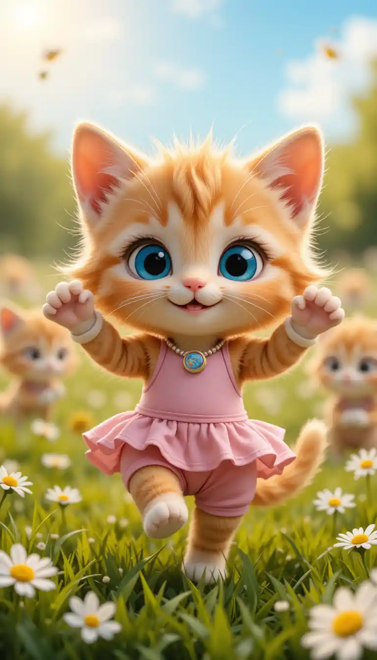 Cute orange cartoon kitten dancing in a sunny flower field