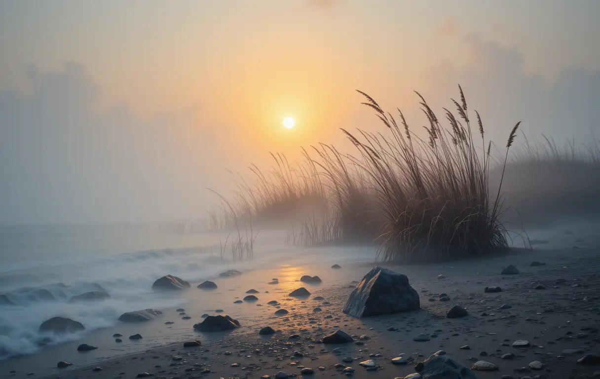 Foggy seashore at sunset with calm reflective water