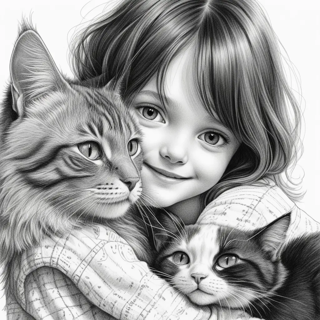 Tender pencil drawing of a girl cuddling her cat