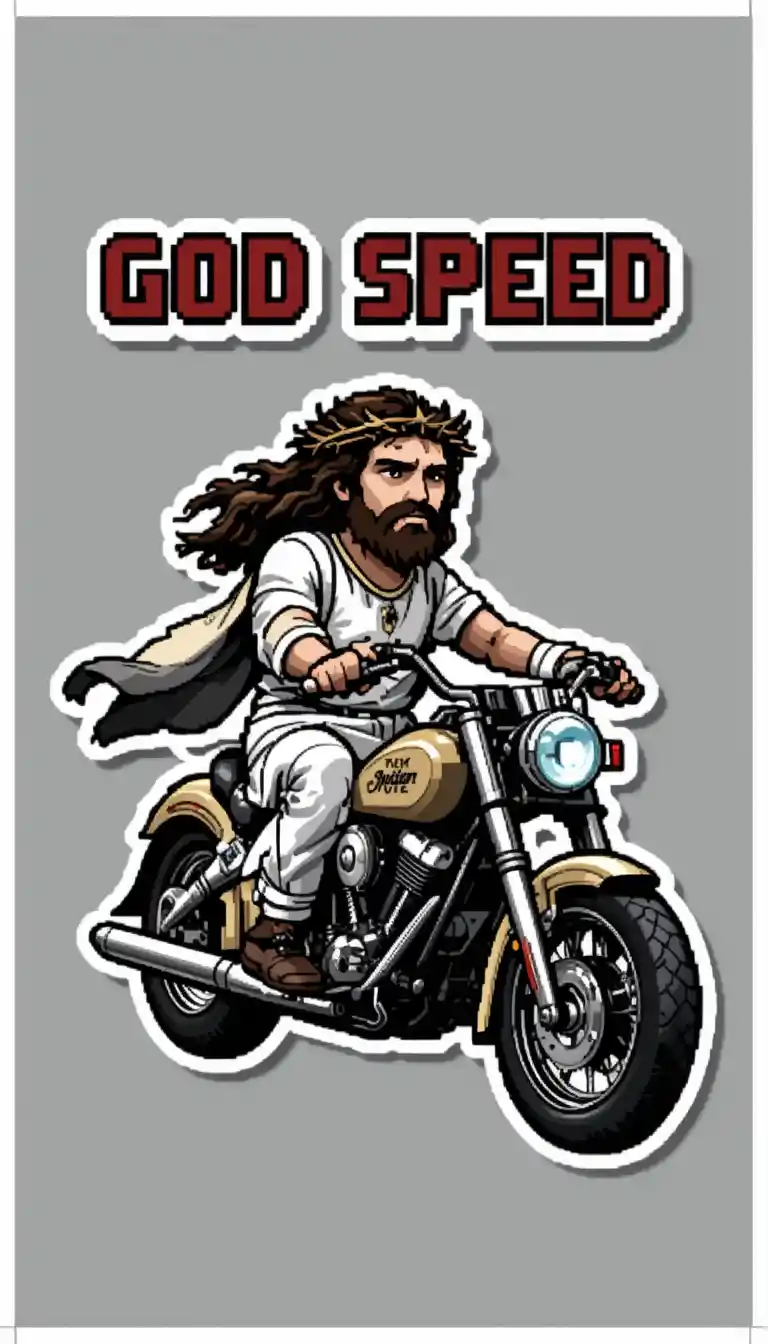 Sticker in pixel art di Gesù su una moto d’epoca