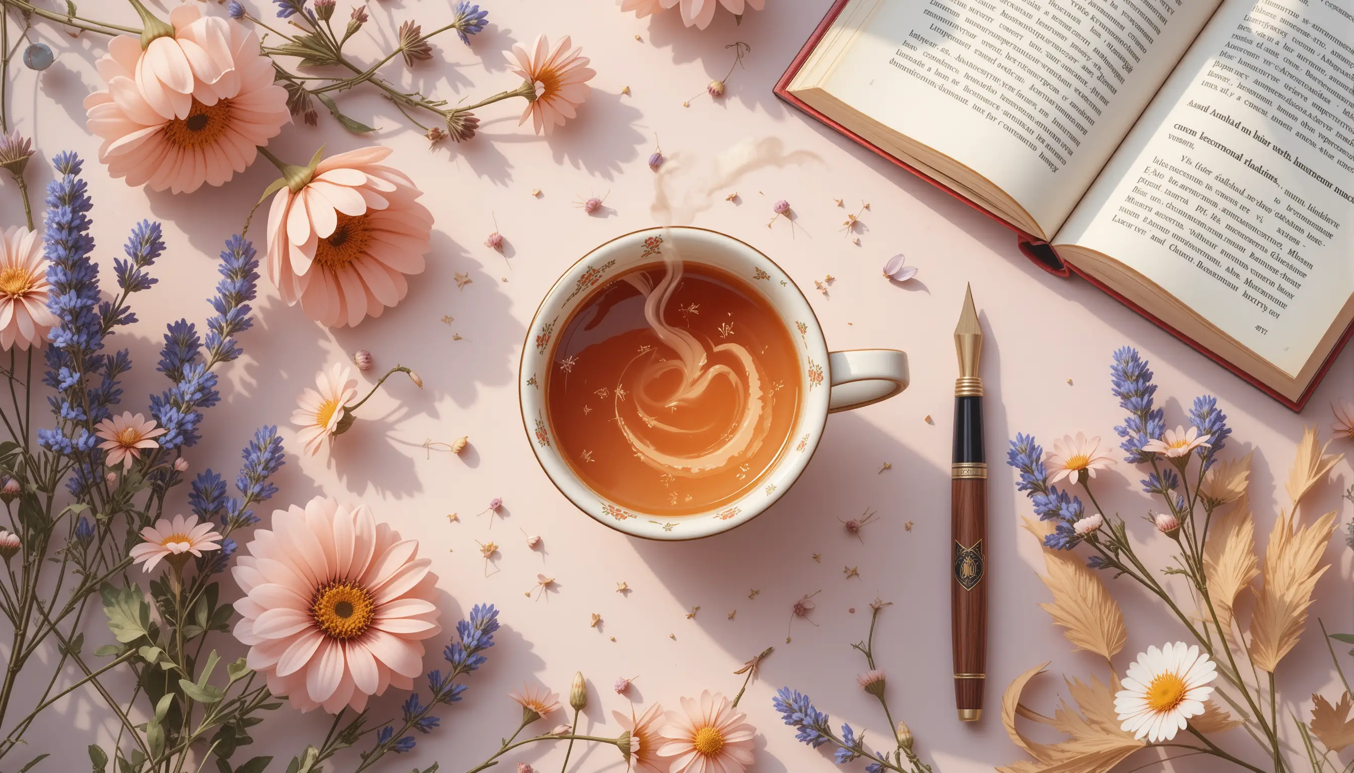 Cozy floral tea flat lay with book and pen