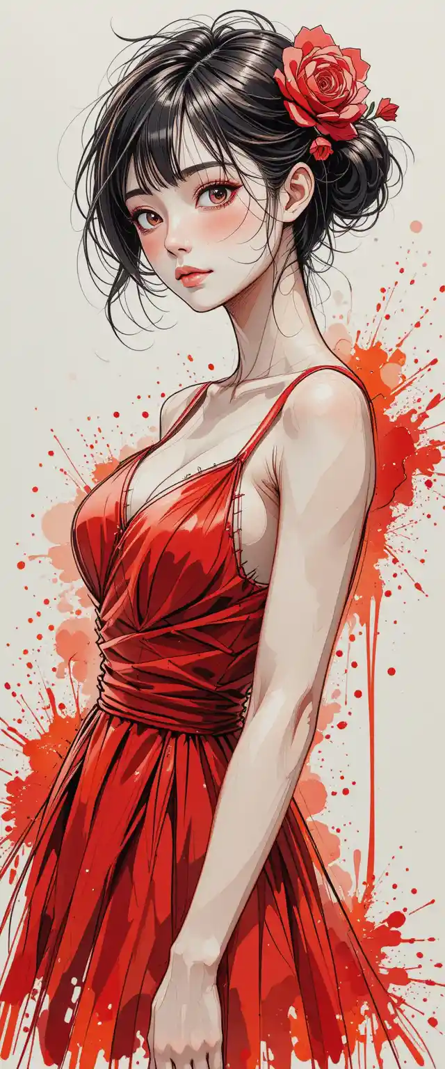 Color anime woman portrait in expressive ink illustration