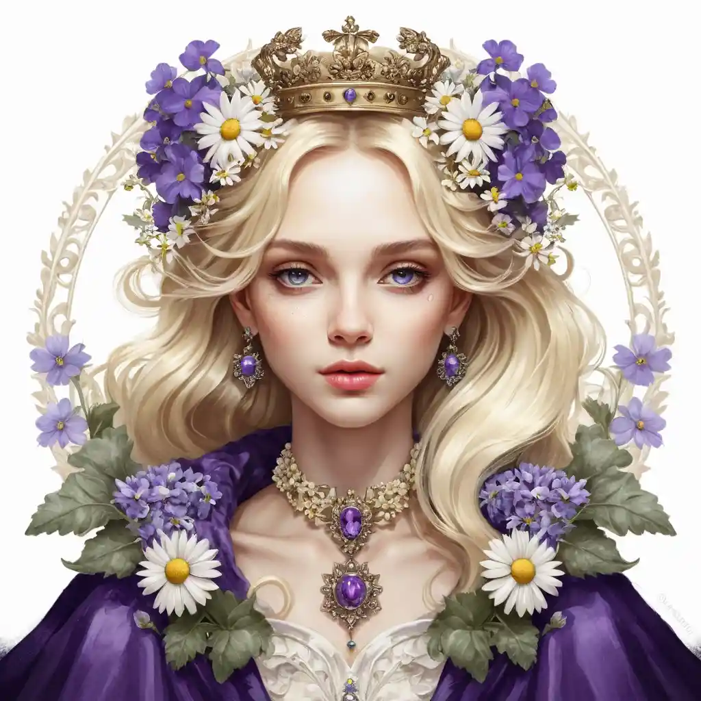 Fantasy queen with violet flowers on silky ivory background