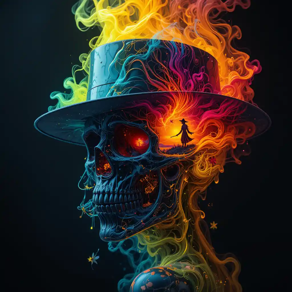 Neon rainbow skull with witch and fantasy landscape