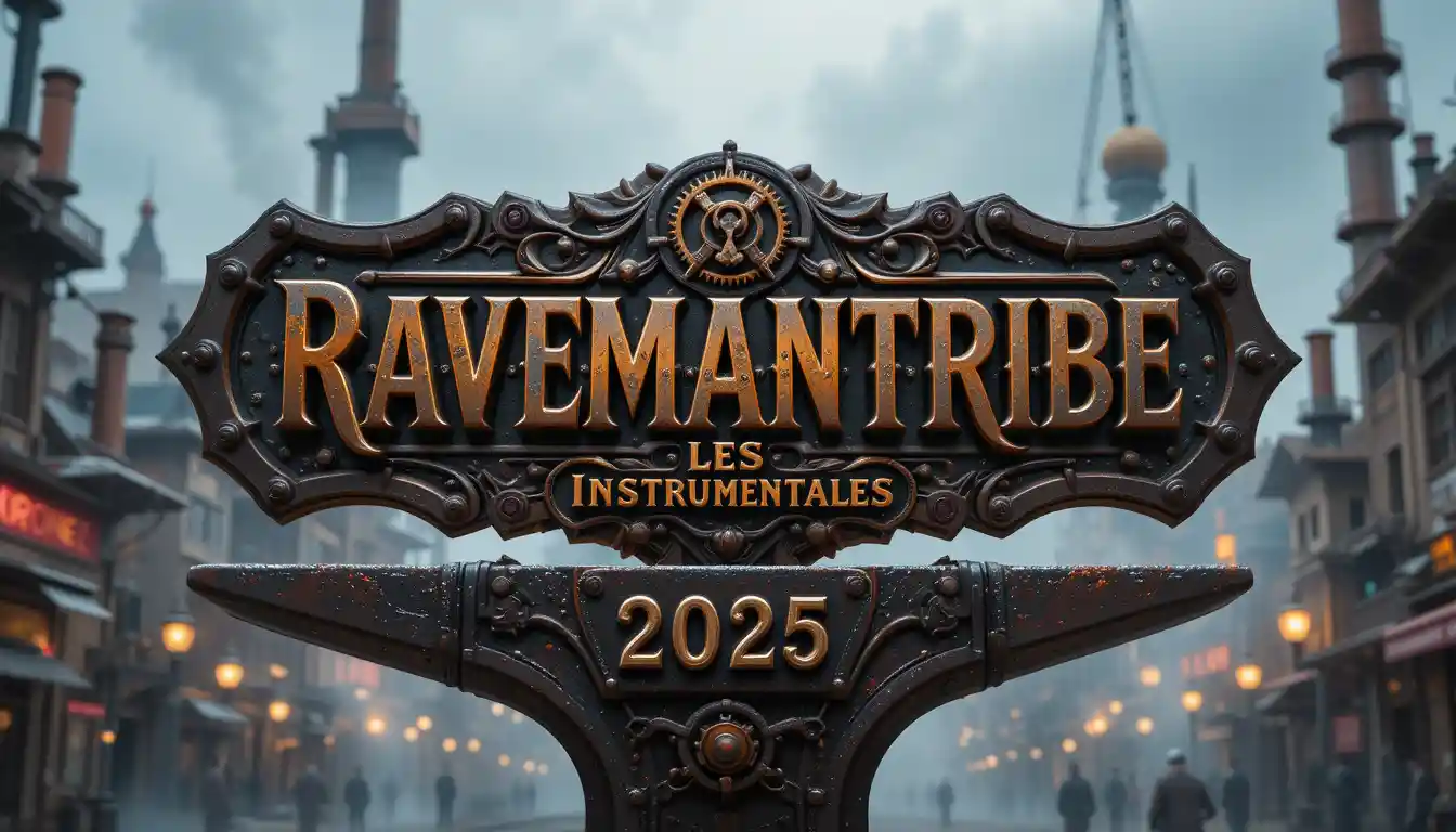 Logo in metallo di rame steampunk su incudine con città sullo sfondo
