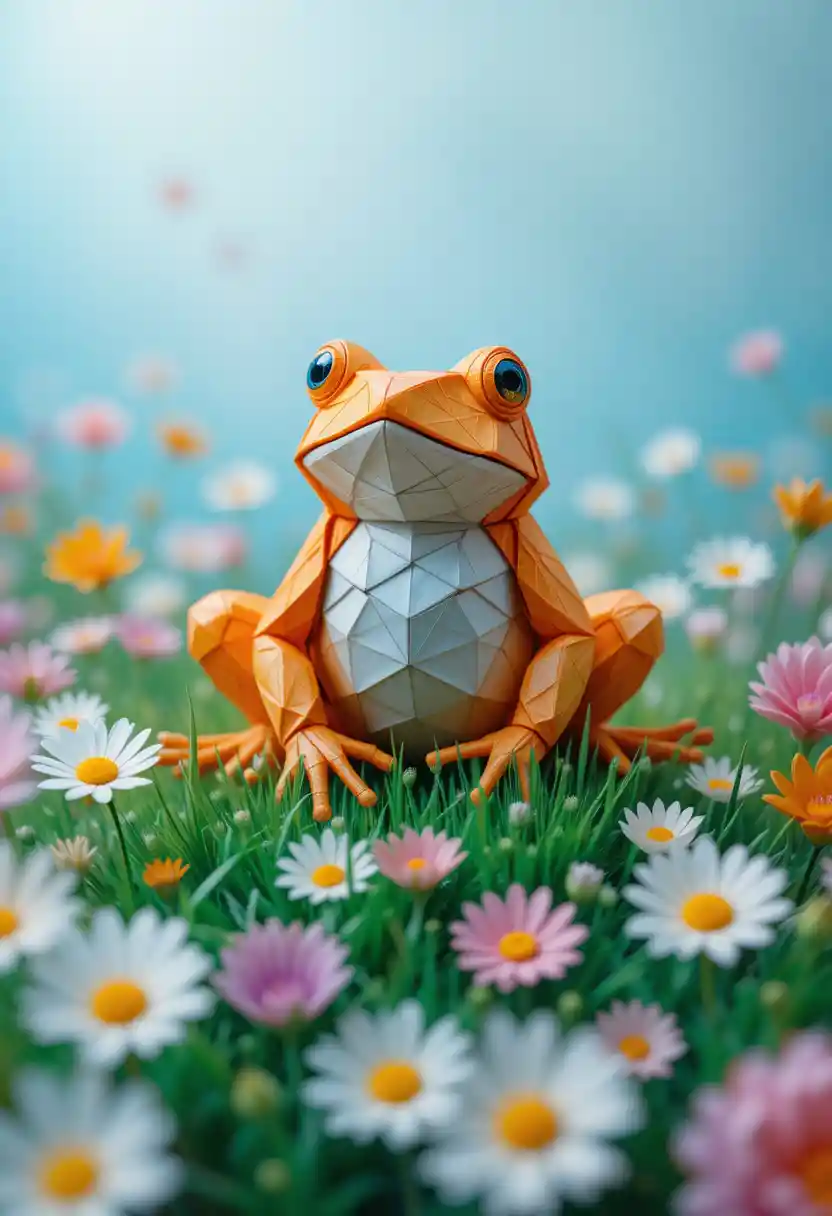 Origami orange frog in a colorful flower field