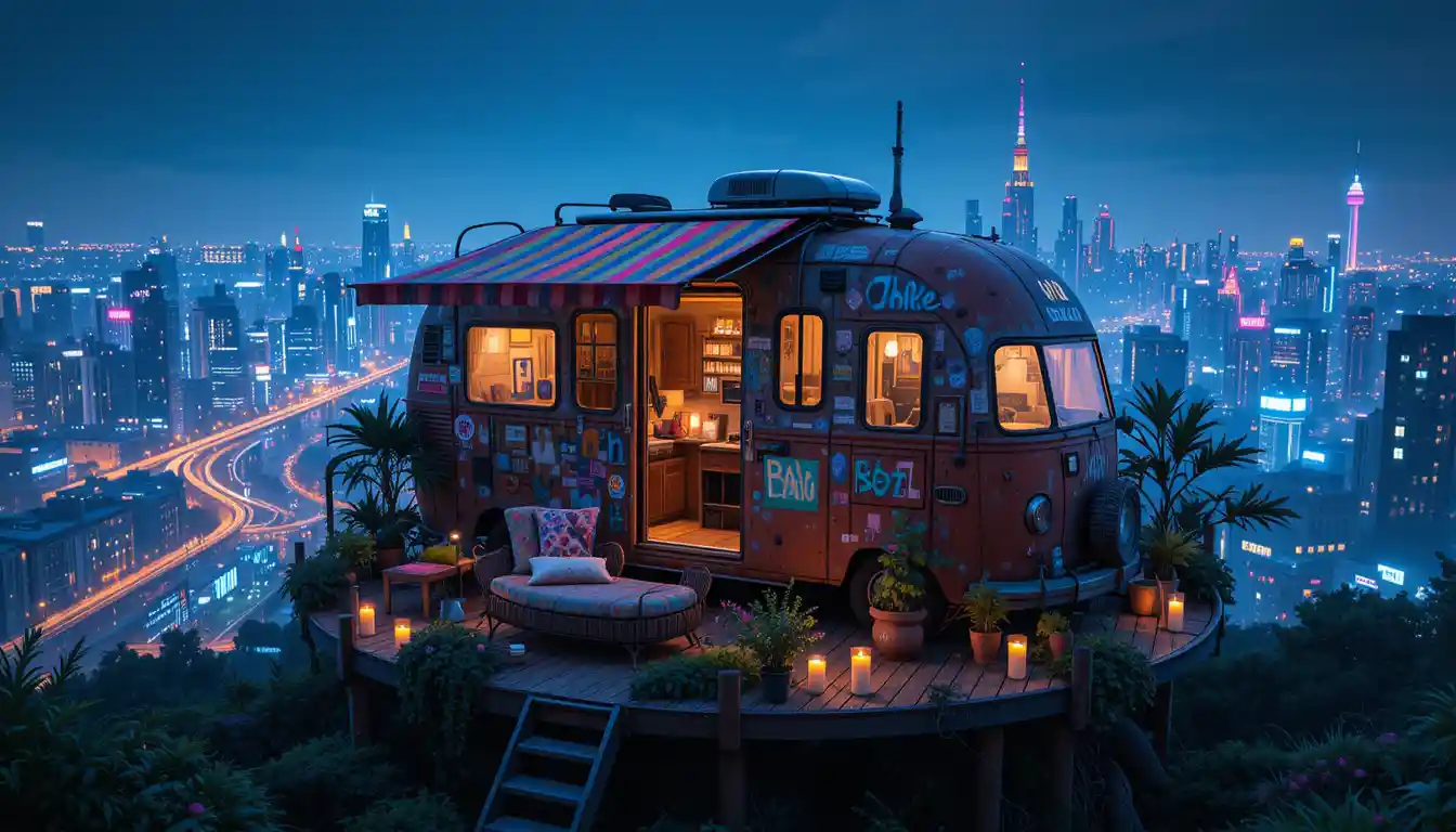Vintage rooftop rv overlooking a futuristic night city
