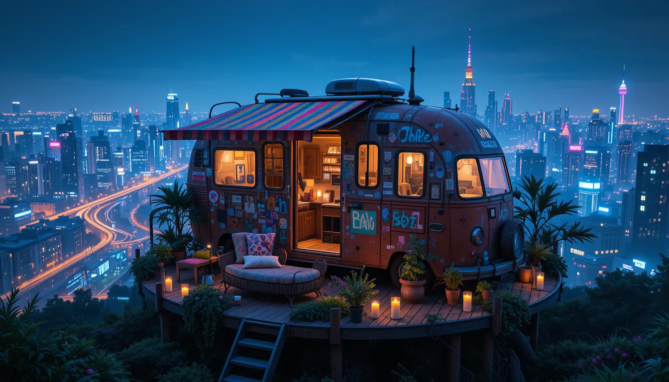 Vintage rooftop rv overlooking a futuristic night city