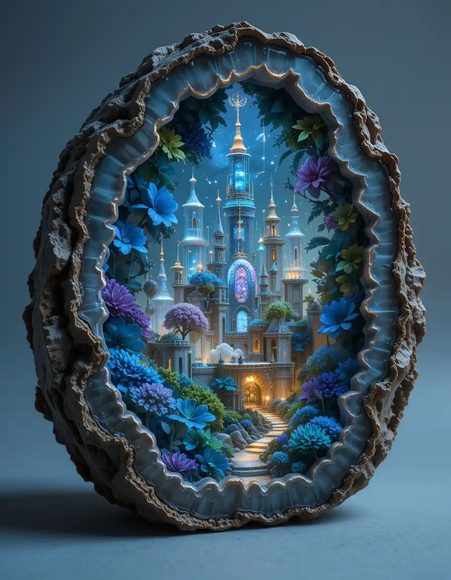 Glowing miniature city revealed inside a crystal geode