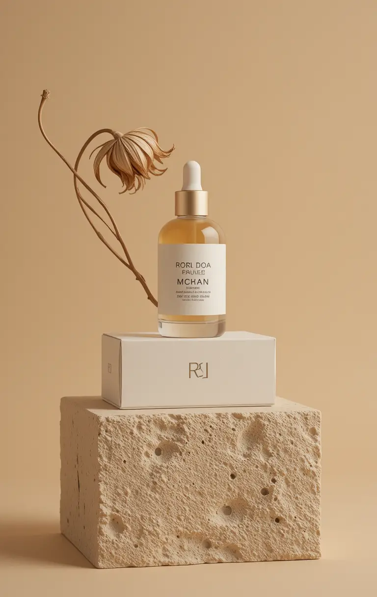 Minimalist skincare bottle still life on textured block